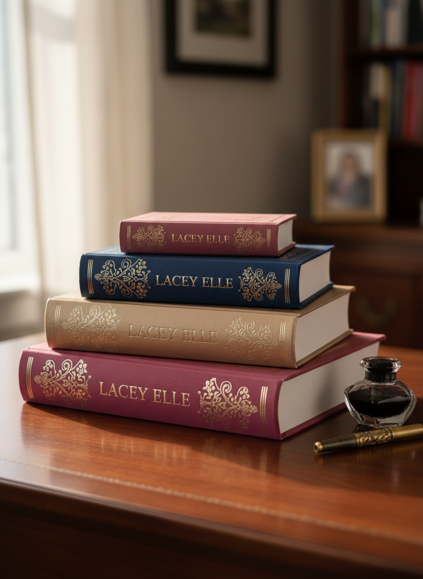 A neatly stacked trio of hardcover romance novels with elegant, matte dust jackets in deep blush, champagne gold, and midnight blue, each embossed with subtle floral scrollwork and the name “Lacey Elle” in refined serif typography. The books rest on a dark walnut writing desk beside a crystal ink bottle and a vintage brass fountain pen. Late-afternoon natural light from an unseen window grazes the scene, creating soft highlights along the book spines and delicate shadows on the wood grain. Photographic realism with a shallow depth of field keeps the foreground razor sharp while the background fades into a creamy bokeh, evoking sophistication, warmth, and the promise of heartfelt, happily-ever-after stories.