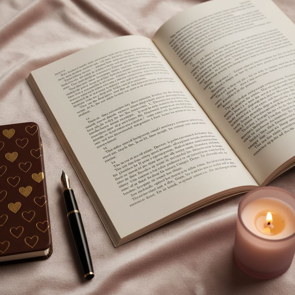 An open romance manuscript printed on smooth ivory pages, its text crisp and clean, lying on a plush, pale-rose velvet surface. A slim, leather-bound notebook with a gold-foil heart motif and a fine-tipped black fountain pen are placed diagonally nearby, suggesting careful plotting of love stories. A small glass candle in frosted mauve glass glows faintly at the frame’s edge, casting warm, flickering highlights across the paper. Shot at eye level with photographic realism, the composition uses the rule of thirds to lead the viewer into the page. Soft, diffused evening light and gentle candlelight create an intimate, sophisticated atmosphere full of heart, heat, and whispered promises.
