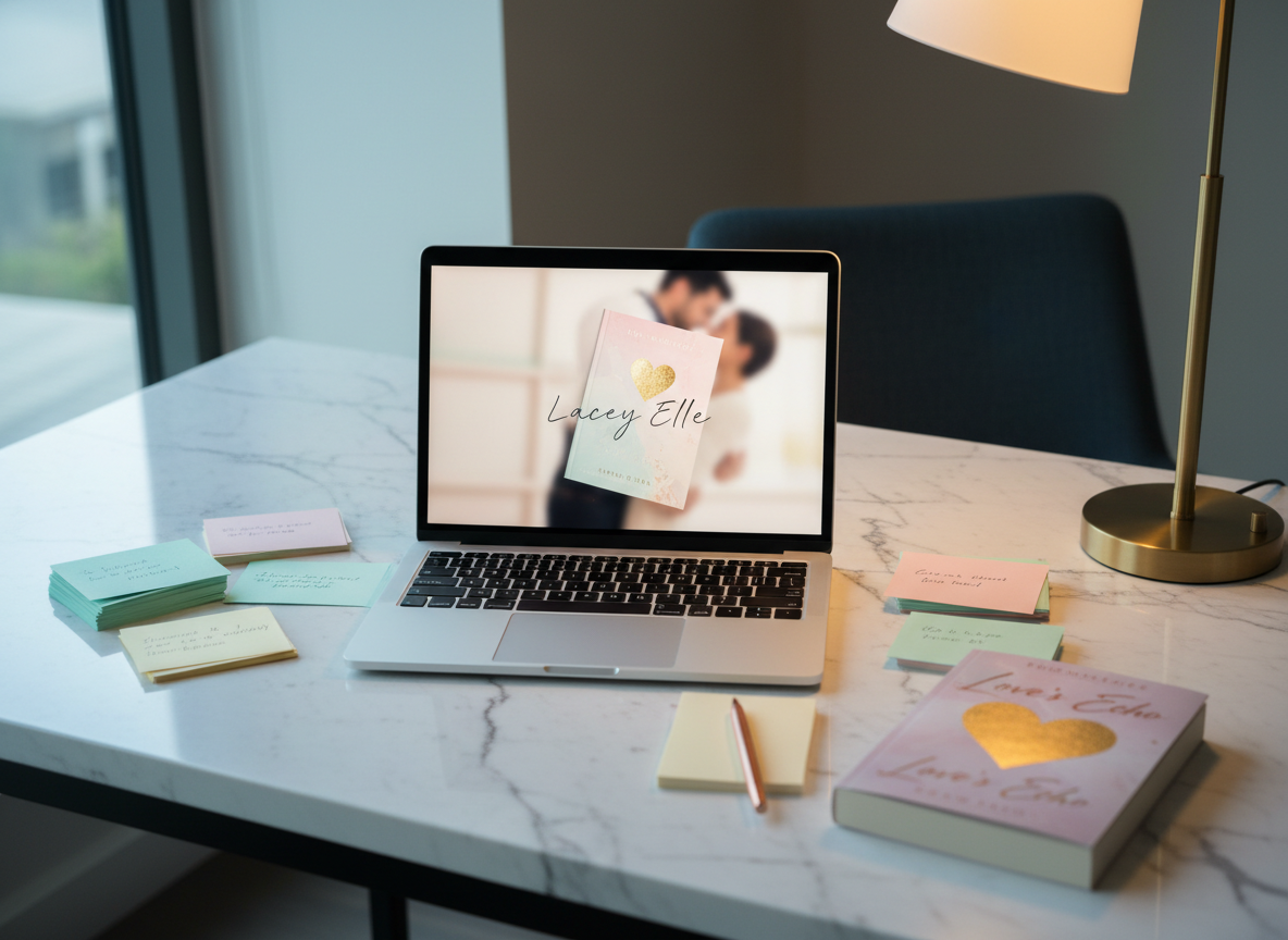 A pristine laptop with a brushed aluminum finish, its screen displaying a blurred, pastel-toned book cover mockup with the name “Lacey Elle” elegantly scripted, sits centered on a marble-topped writing table veined with soft gray. Around it, neatly arranged storyboarding elements include color-coded index cards, a slim rose-gold pen, and a closed romance novel with a shimmering gold foil heart on the cover. Cool daylight from a nearby window washes over the scene, balanced by a warm desk lamp, creating a subtle interplay of warm and cool tones. Captured from a slightly elevated angle with photographic realism, the frame feels clean, modern, and aspirational, evoking the polished professionalism of a contemporary romance author at work.