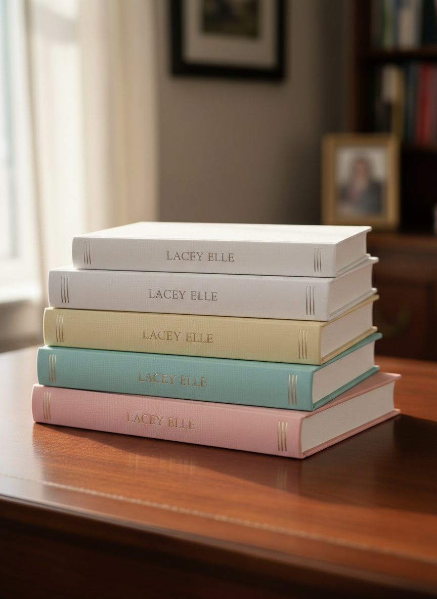A clean, modern stack of thin, same-sized hardcover romance books, all with white covers and pale pastel accent colors (lavender, blush pink, soft teal, butter yellow). Every book spine shows only the author name 'Lacey Elle' in a simple, modern serif or sans-serif font, each spine in a different pastel color. No individual book titles—just the repeated name. Soft neutral background, gentle lighting, cozy but minimal aesthetic, suitable for a romance author brand image.