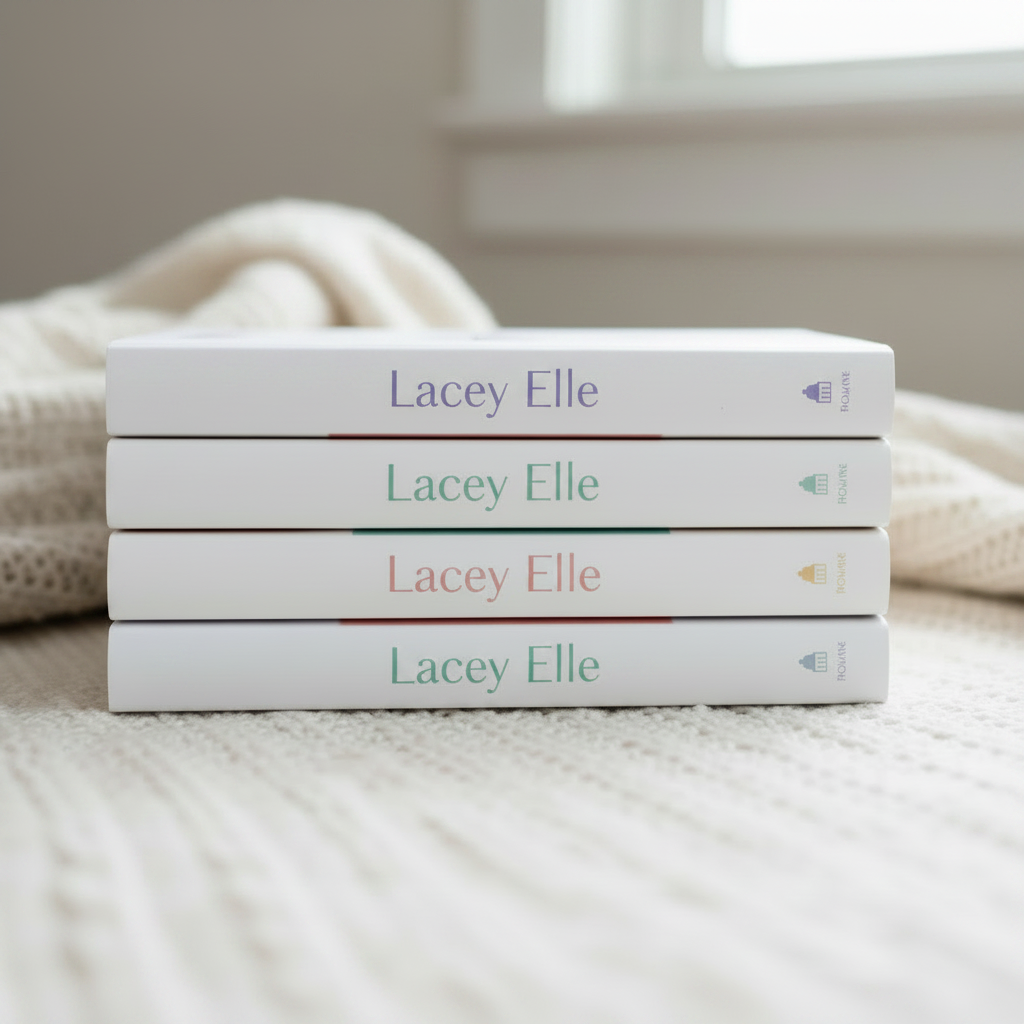 Edit the existing square image of a stack of five romance books so that the bottom book and the book that is second from the top are removed, leaving three books in the stack. Maintain the same cozy, minimal, romantic aesthetic and background.