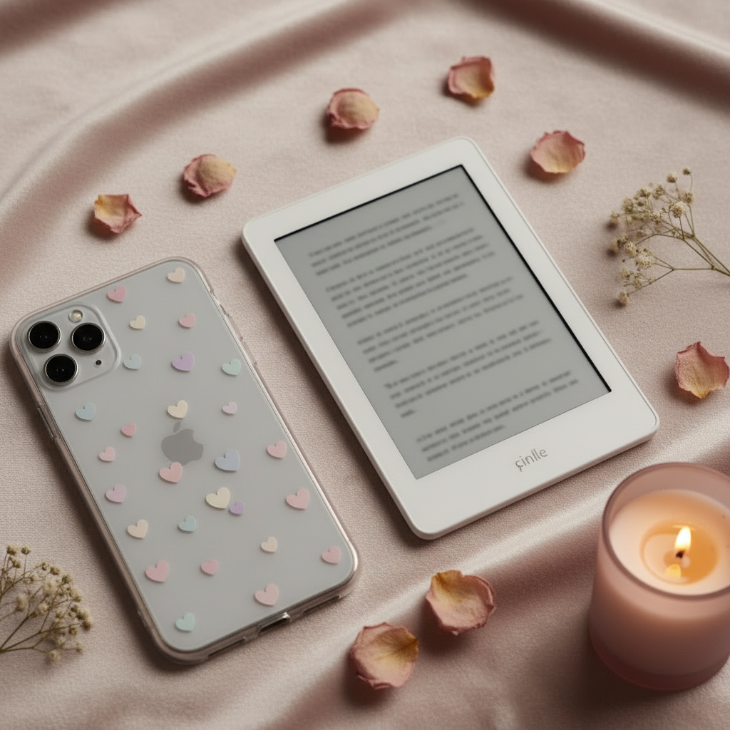 A cozy, minimal, romantic flat-lay scene on a soft, light background featuring a slim modern Kindle-style e-reader in place of the open book, and a smartphone with a clear case decorated with small pastel hearts (pinks, lavenders, soft blues, and creams) instead of the current heart phone case charm. No brown or gold tones anywhere in the image. Keep the overall aesthetic soft, clean, and romantic to match the existing author brand style.