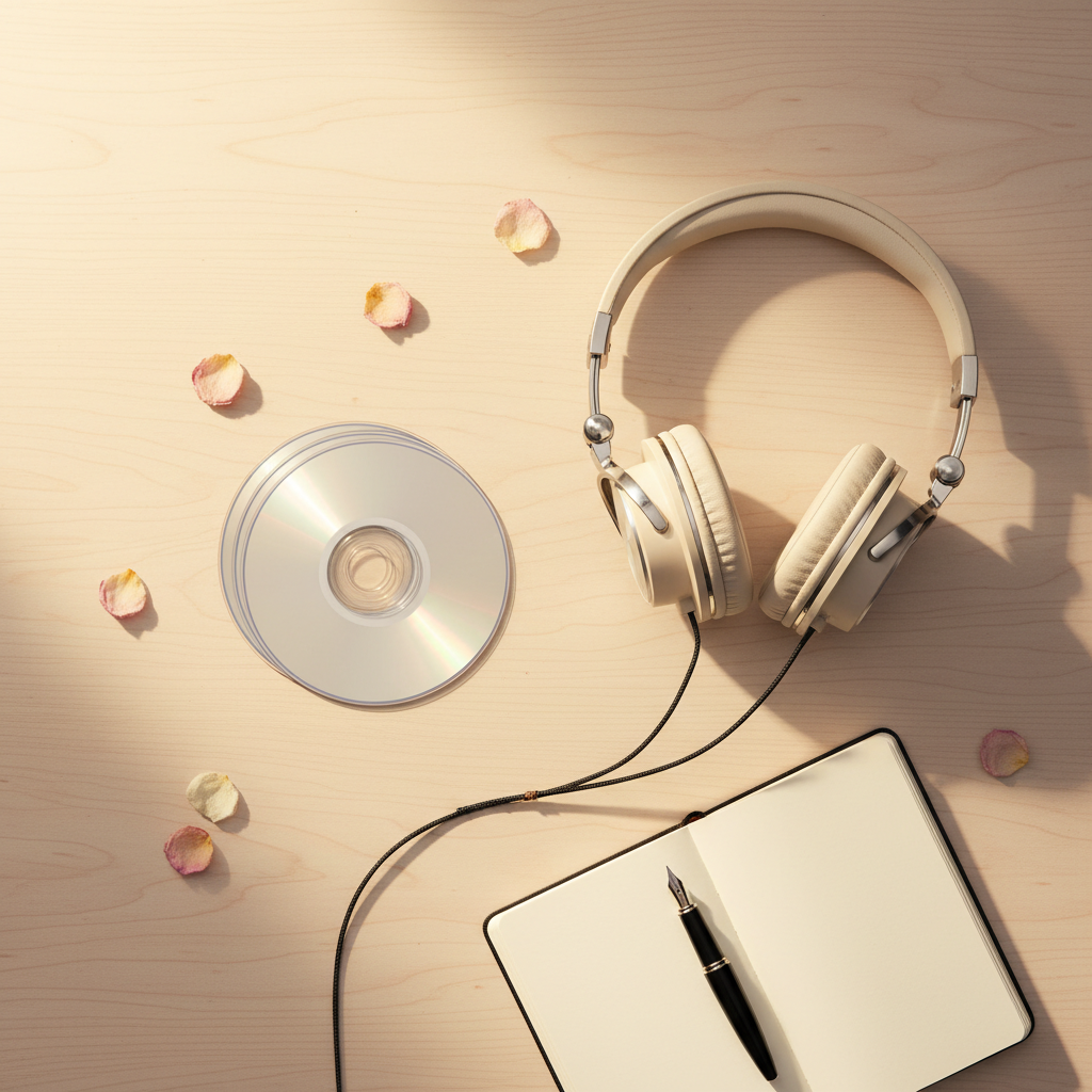 A modern, minimalist flat-lay of a small pile of blank CDs next to a pair of stylish over-ear headphones on a neat writer's desk, soft warm lighting, subtle romantic vibe, no text