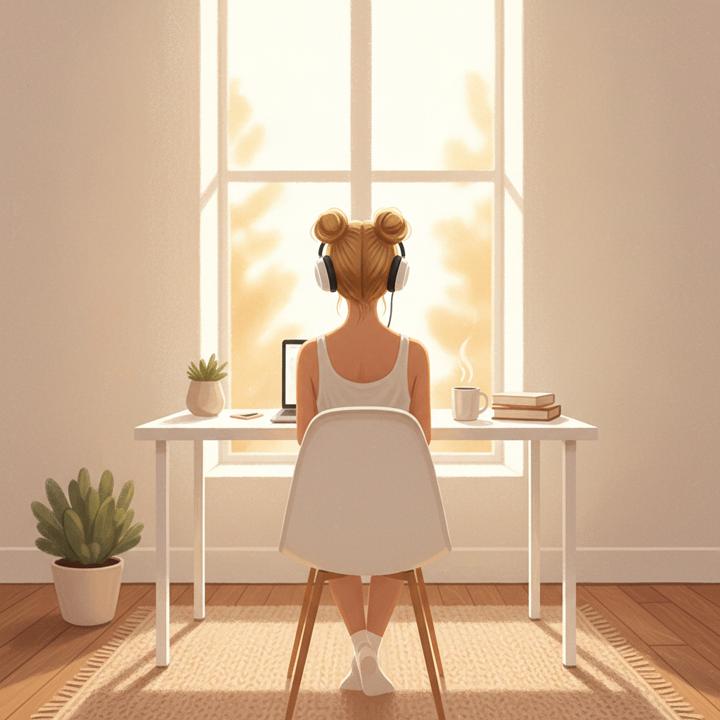 A stylized illustration of a woman seen from behind, sitting at a white desk and facing a bright window. She has blonde hair styled into two space buns and is wearing a casual tank top. She is wearing large white over-ear headphones. The scene has a soft, romantic, cozy author's workspace vibe, with warm natural light and minimal, modern decor.