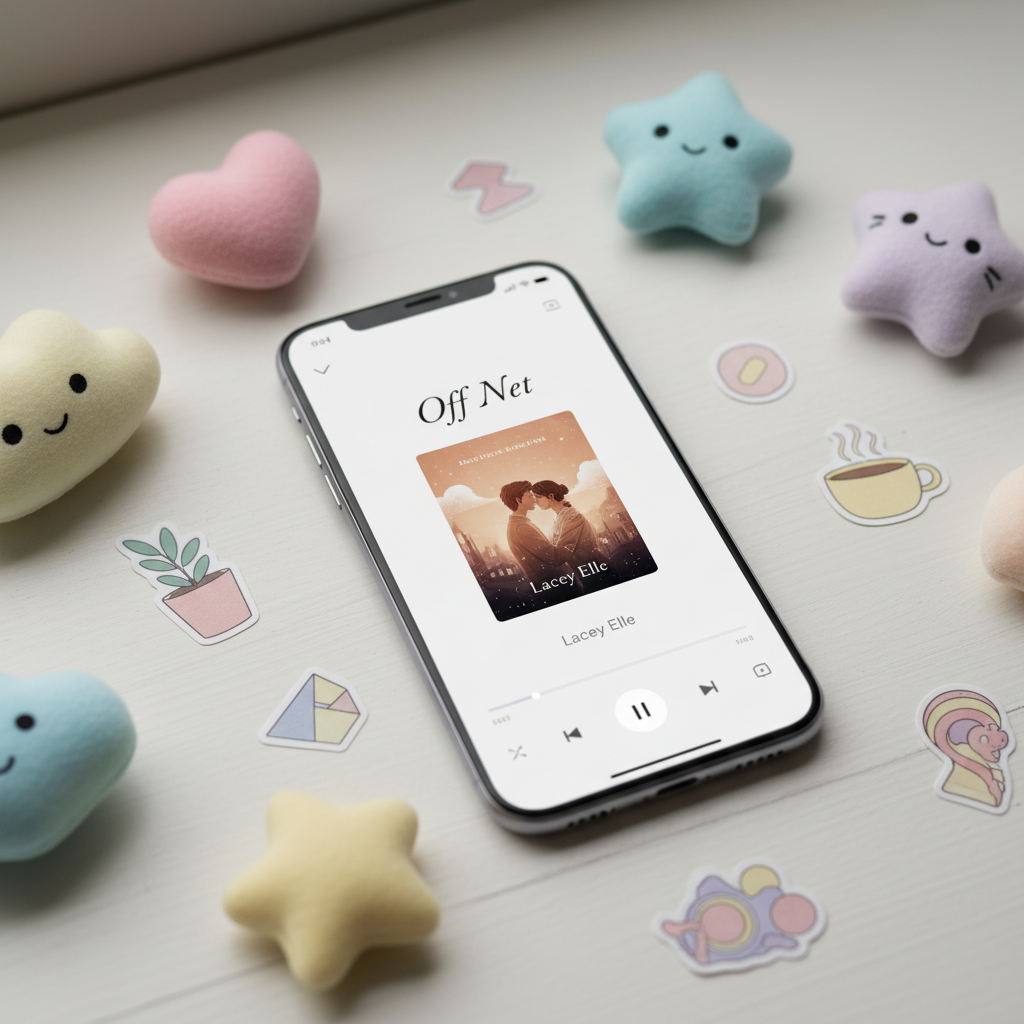 A modern smartphone lying on a white desk, screen showing an audiobook player for a romance audiobook titled 'Off Net' by Lacey Elle. Around the phone are cute pastel squishies, small plushies, and aesthetic stickers, creating a cozy, slightly playful romance author vibe. Soft, even lighting, no text outside of the phone screen UI, clean composition suitable as a website hero/gallery image.