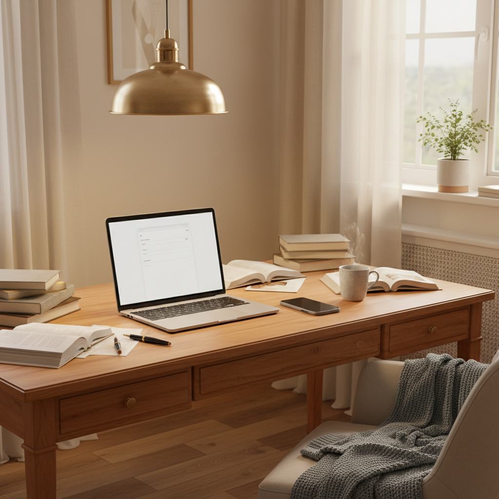 A cozy, bookish workspace featuring an open laptop on a wooden desk showing a blank email draft on the screen, with a modern smartphone placed next to the laptop. Soft, warm lighting, a subtle romantic feel, and neutral colors with a hint of soft blue. No text on screen or phone.