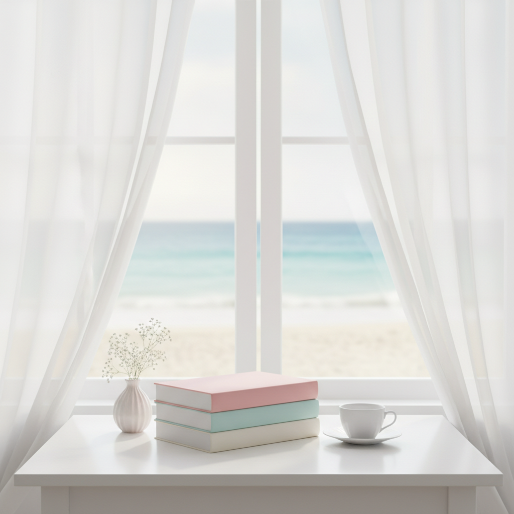 A bright, romantic scene on a white table by a large window overlooking a soft, sunlit beach. On the white tabletop is a neat stack of pastel-colored books (blush pink, soft lavender, pale teal, and cream), with completely blank spines and covers (no titles, author names, or any text). The light is airy and coastal, with white, see-through gauzy curtains framing the sides of the window and a dreamy, slightly out-of-focus view of sand and sea beyond. Overall vibe: cozy, romantic, clean, perfect for a romance author brand, no visible text at all.