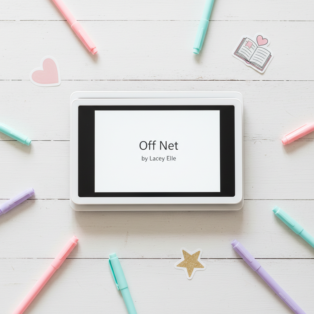 A bright, clean flatlay on a white desk. In the center is a neat stack of several Kindles (e-readers) lying flat; the top Kindle shows a simple white screen with only text, no imagery. The text on the top Kindle reads: "Off Net" on the first line and "by Lacey Elle" on the second line, in modern, readable typography. The desk surface is white and well lit. Around the stack, there are scattered cute pastel pens and a few fun, pastel-colored stickers (hearts, stars, or bookish icons) placed casually for a cozy, romance-author aesthetic. Overall vibe: bright, airy, bookish, and on-brand for a romance author.